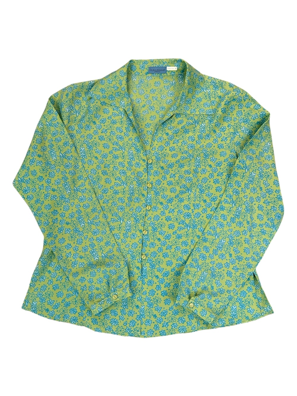 Provence d’amour 100% Silk Y2K Floral Blouse Lime Green Blue Daisy Print Medium - Picture 4 of 15